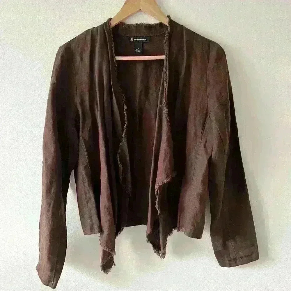 INC International Concepts M Brown 100% Linen Open Front Waterfall Jacket Boho